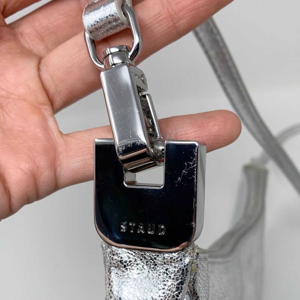 Staud Walker Shoulder Bag Silver Metallic Leather Crescent Half Moon - Picture 11 of 16